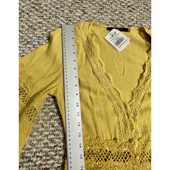 Boho Mustard Romper Lace Yellow sz M Bell Sleeve V-Neck Button Hippie Festival - Picture 10 of 15